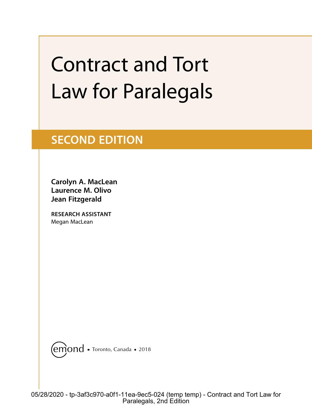 (eBook PDF)Contract and Tort Law for Paralegals, 2nd Edition by Jean Fitzgerald Carolyn MacLean, Nora Rock, Laurence M. Olivo